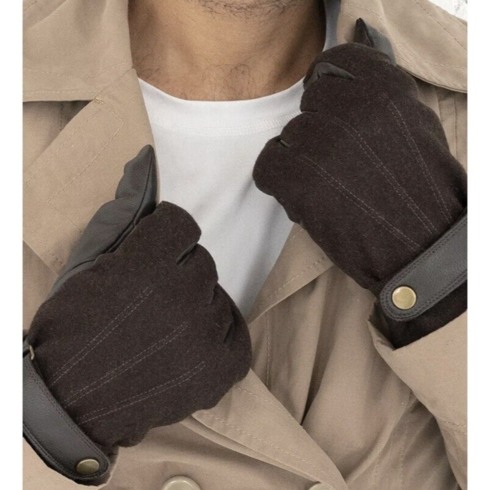 Isotoner $90 Men's SmarTouch Flannel & Leather Brown Lined Gloves Sz: Medium